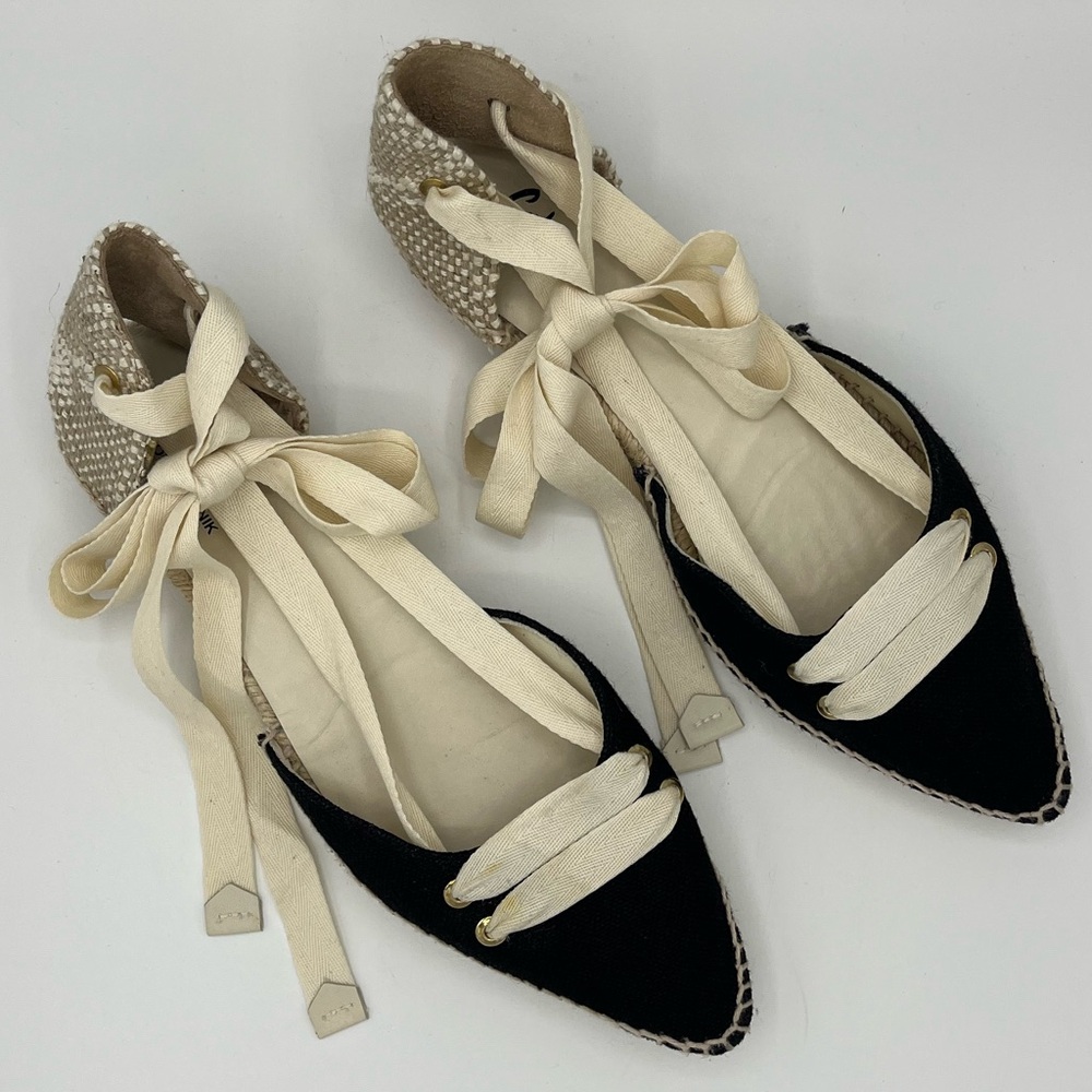 Manolo Blahnik Black and Cream Espadrille Lace-Up Flats